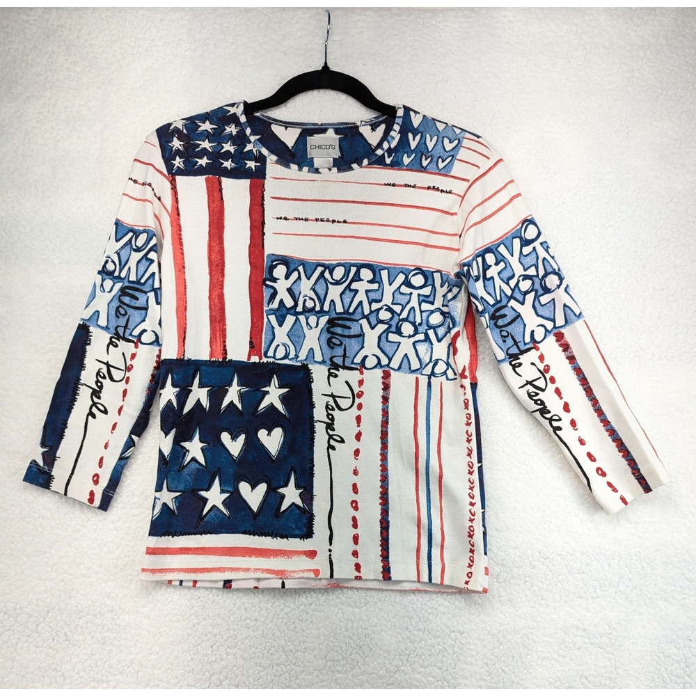 Chicos We The People Patriotic American Flag 3/4 Sleeve Cotton Top Size 0 S